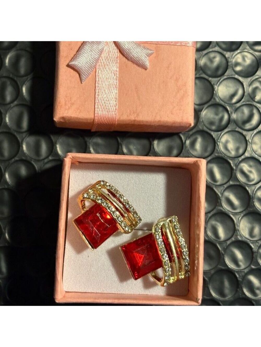 Bold Red Crystal Gold Tone Clip-On Earrings Bling Sparkle Glam